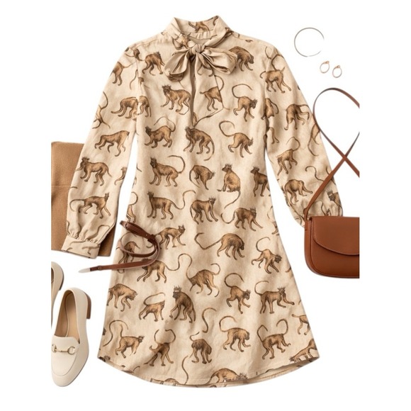 H&M Dresses & Skirts - H&M Monkey Print Tie Neck Shift Dress Size 2 Cream Jacquard Rare Discontinued